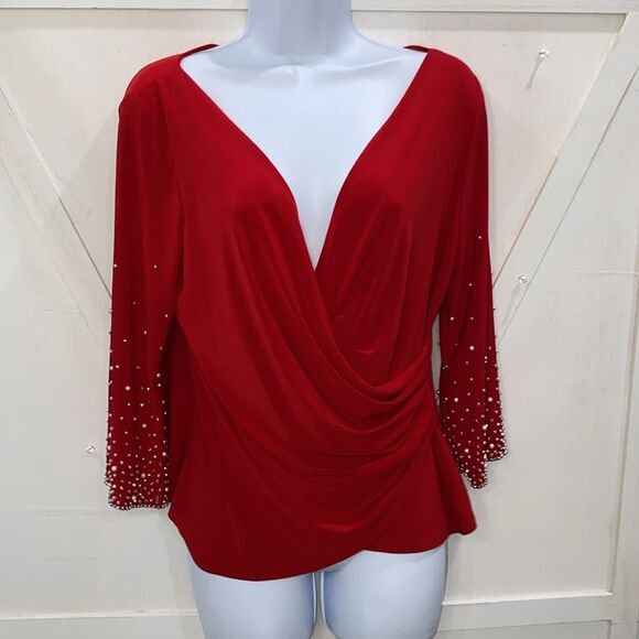 Alex Evenings 3/4 Sleeve Embellished Red Faux Wrap V-Neck Blouse Size Medium - Picture 3 of 13